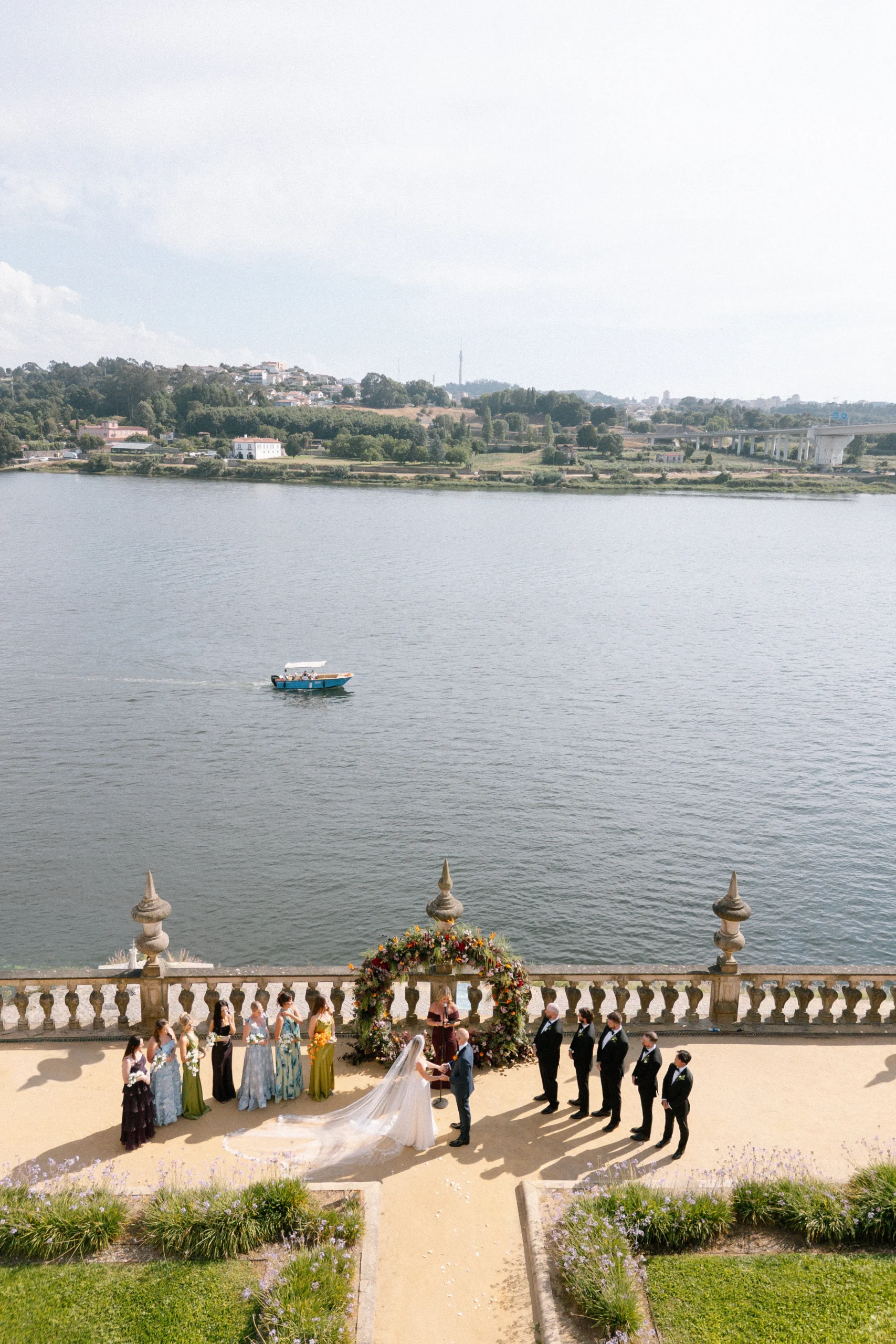 Aerial view of a destination wedding ceremony overlooking the Douro River in Portugal
